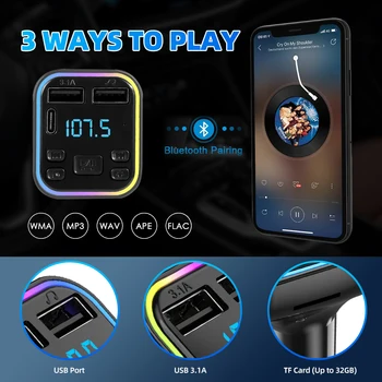 Автомобилен Bluetooth 5,0 FM трансмитер PD Type-C, Двойно USB 3.1 A, Бързо Зарядно Устройство, Цветни Разсеяна Светлина, Високоговорител, MP3-Модулатор Плейър Автомобилен Bluetooth 5,0 FM трансмитер PD Type-C, Двойно USB 3.1 A, Бързо Зарядно Устройство, Цветни Разсеяна Светлина, Високоговорител, MP3-Модулатор Плейър 1