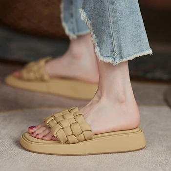 Дамски плетени чехли на платформа 2021 Летни дамски обикновена джапанки с квадратни пръсти дамски обувки на плоска подметка с мека подметка Дамски ежедневни модни обувки