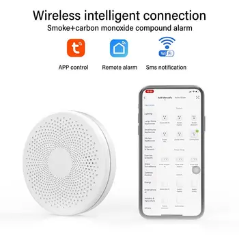 Smart Life Wi-Fi функция, пръскачки Версия 2 в 1 Звукова аларма Сензор за откриване на въглероден окис, Детектор за дим Co газ Детектор