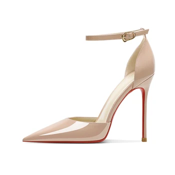 Модни дамски сандали на ток тялото-бял цвят, лятна обувки с каишка на щиколотке и затворени пръсти, луксозни маркови обувки на висок ток с червена подметка за дневни партита