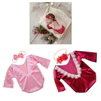 Подпори за фотосесия на новородено, превръзка на главата с цветя модел, гащеризон с отворен гръб, дрехи за представляващи, костюм за фотография, рокля на принцеса, детски костюм X90C
