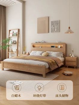 Легло от масивно дърво в скандинавски стил и модерна проста 1.8 m двойно сватбена легло спалня японската дървена легло с лампа 1,5 м.