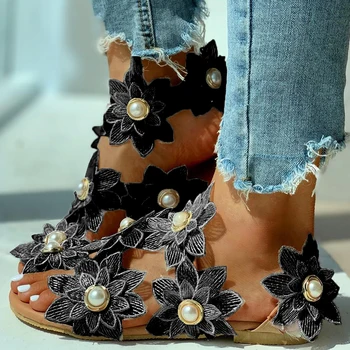 Дамски сандали с отворени пръсти и перлата на цвете за отдих на открито Дамски летни обувки впечатлява със своя бохемски стил плажни сандали на равна подметка за почивка