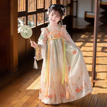 Детски дрехи 2023, нова рокля за момичета, китайска вятърна пола с принтом и бродерии, Hanfu