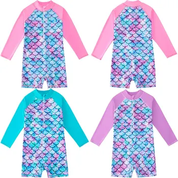 Детски Бански костюми 2023 Летни За Момичета С дълги ръкави Русалка Риби, Везни едно Парче Бански От 4 до 12 години, Детски Слънчеви Костюми За Сърфиране