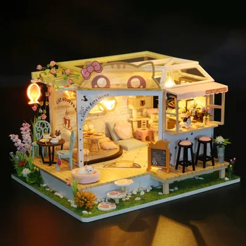 Миниатюрен куклена къща със собствените си ръце с комплект мебели с led подсветка и пылезащитным покритие, дървена модел дом за котки и кафенета, играчки за момичета