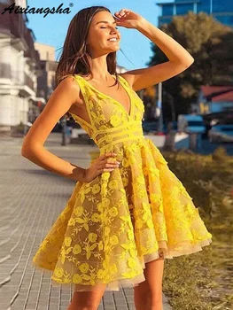 Уникално жълто къса рокля за абитуриентски бал с кружевными апликации и V-образно деколте, рокли за срещи на възпитаници, vestido de formatura