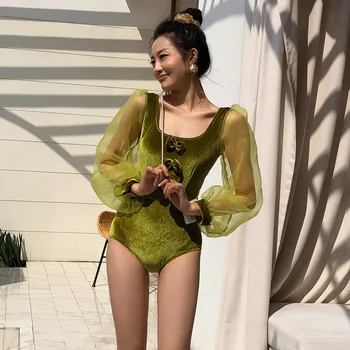 2021 Корея Секси газ цял бански с дълъг ръкав, женски обикновен златист velvet бански, Монокини, бански с отворен гръб, бански костюм