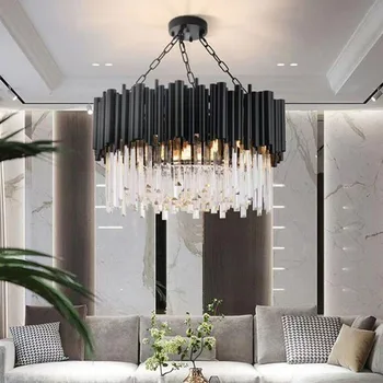 Jmmxiuz Модерна черна луксозен полилей с кръгла кристал лампа, осветление за всекидневната, декорация на дом, led осветителни тела, cristal
