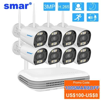 Smartdo Wifi Комплект Камера 3MP Двупосочна Аудио H. 265 HD AI Разпознаване на лица Външна Сигурност, ВИДЕОНАБЛЮДЕНИЕ 8CH NVR Система за Видеонаблюдение ICSEE