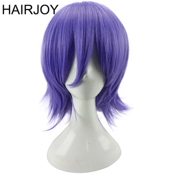 HAIRJOY Мъжки женски лилаво перука за cosplay, къса къдрава многослойни перуки, направени от синтетични косми, вечерни перуки с бретон, 7 цвята, безплатна доставка