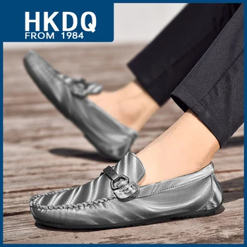 HKDQ/ Тенденция Сива Кожена Мека обувки на равна подметка, Мъжки Летни Дишащи слипоны, Мъжки обувки за шофиране, Удобни нескользящие Мъжки Ежедневни лоферы
