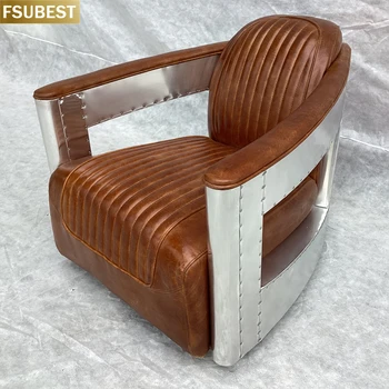 FSUBEST индивидуално стол-авиатор от кафява кожа в селски стил, промишлени винтажное стол от изтъркан кожата, подлакътник от неръждаема стомана