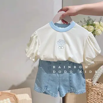 Корейски младежи, риза с бродерия за малки момичета 2023, летен топ с къс ръкав + дънкови къси панталони, комплекти от 2 теми, дрехи за малките момичета