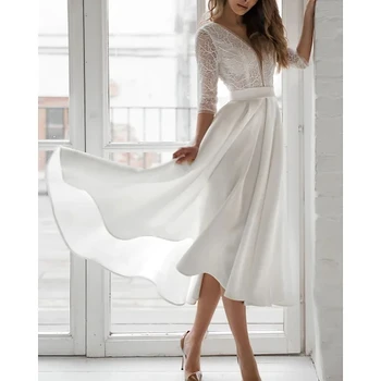 Vestidos Elegantes Para Mujer Бели къси булчински рокли трапецовидна форма, с къси ръкави, атласное дантела, евтино сватбена рокля в стил бохо, сватбени рокли
