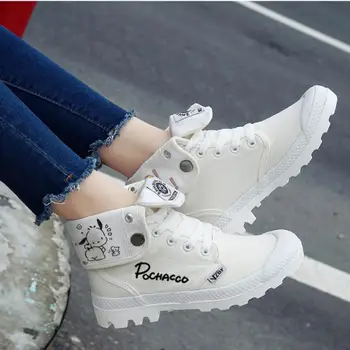 Парусиновая Обувки Sanrio Kawaii Cinnamoroll Pochacco Kuromi Hellokitty Удобни Обувки с Висок Берцем Модни Универсални Малки Бели Обувки