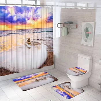 Пъстър набор от завеса за душ с заревом залез слънце, океан, нескользящий подложка, капак на тоалетната чиния, подложка за баня, тропически плаж, каменен пейзаж в Дзен стил, интериор на баня